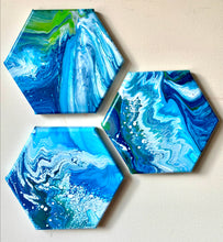 Load image into Gallery viewer, Ocean Bubbles (Set of 3) - Approx 8" Stretched Hexagons Canvas Original